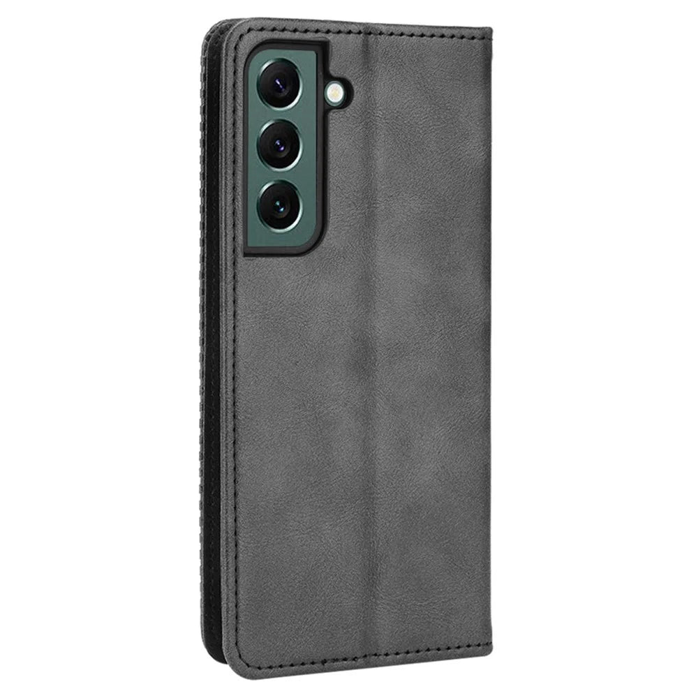 For Samsung Galaxy S22 5G Vintage PU Leather Flip Case Magnetic Auto Closing  Stand Wallet Imprinted Mosaic Stylish Cover - Black - 3
