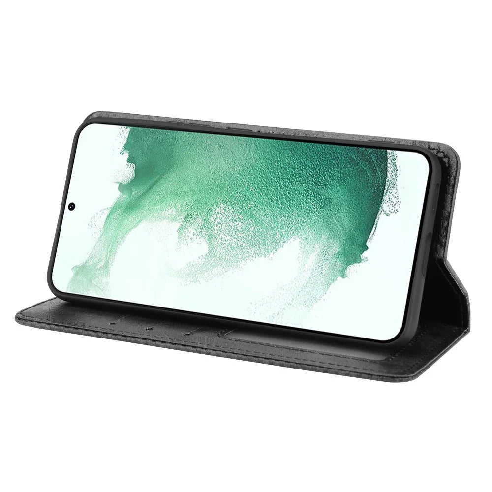 For Samsung Galaxy S22 5G Vintage PU Leather Flip Case Magnetic Auto Closing  Stand Wallet Imprinted Mosaic Stylish Cover - Black - 4