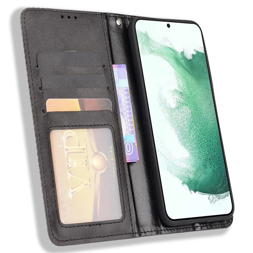 For Samsung Galaxy S22 5G Vintage PU Leather Flip Case Magnetic Auto Closing  Stand Wallet Imprinted Mosaic Stylish Cover - Black - 5