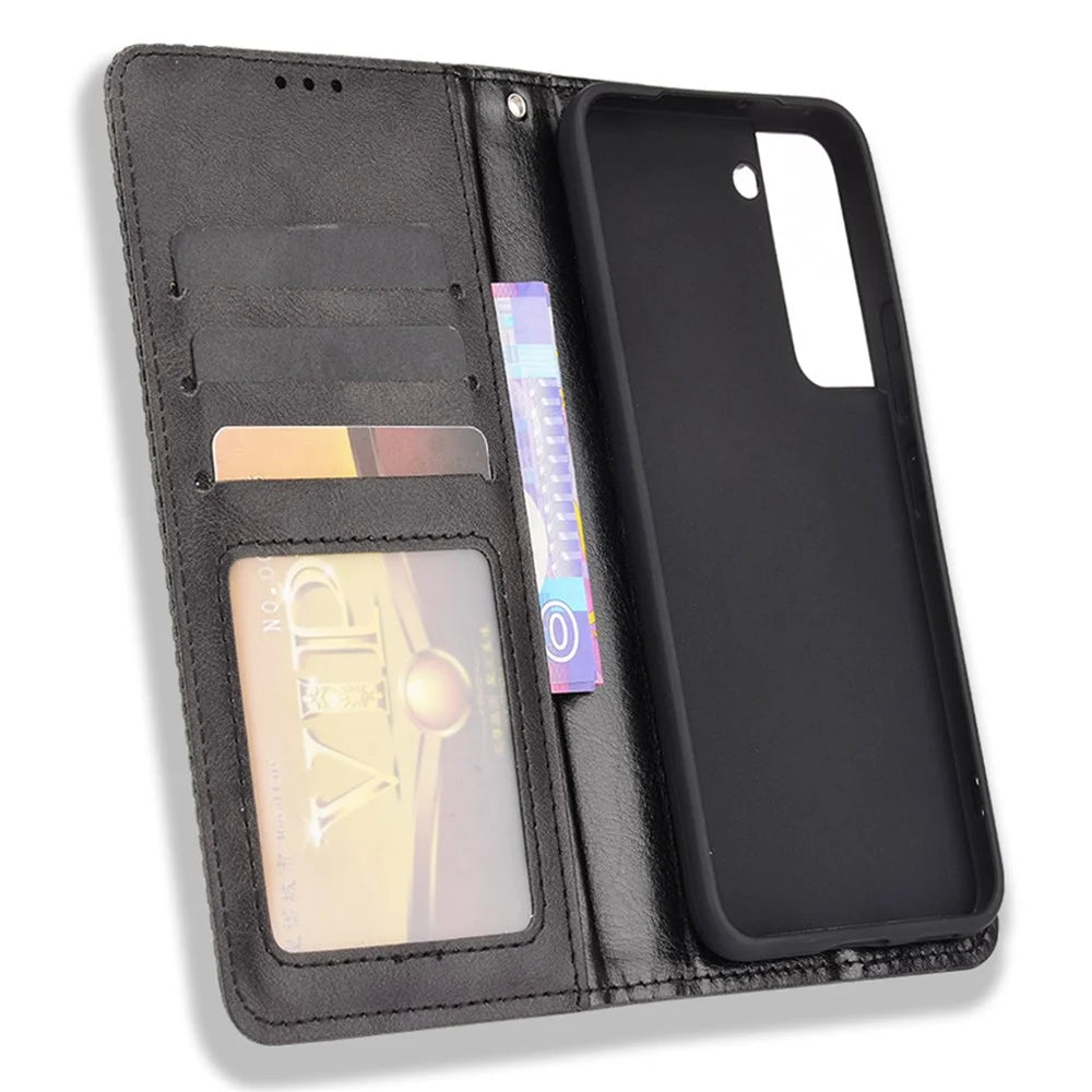 For Samsung Galaxy S22 5G Vintage PU Leather Flip Case Magnetic Auto Closing  Stand Wallet Imprinted Mosaic Stylish Cover - Black - 6