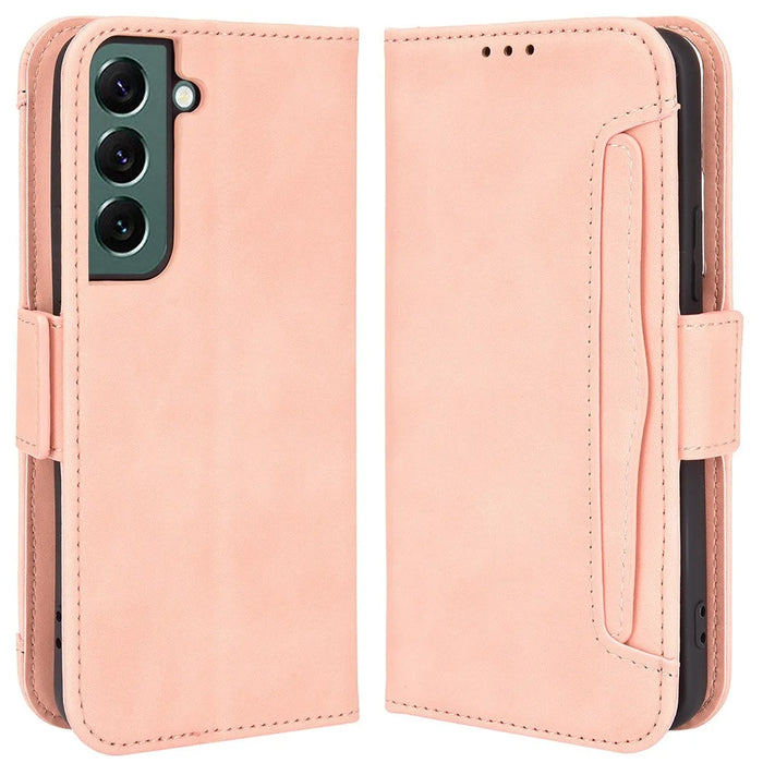 For Samsung Galaxy S22 5G Multi-card Slots PU Leather + TPU Double Magnetic Clasps Stand Phone Case Protector with Wallet - Pink - 1