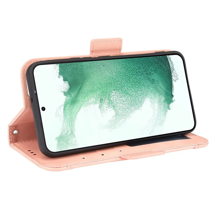 For Samsung Galaxy S22 5G Multi-card Slots PU Leather + TPU Double Magnetic Clasps Stand Phone Case Protector with Wallet - Pink - 5