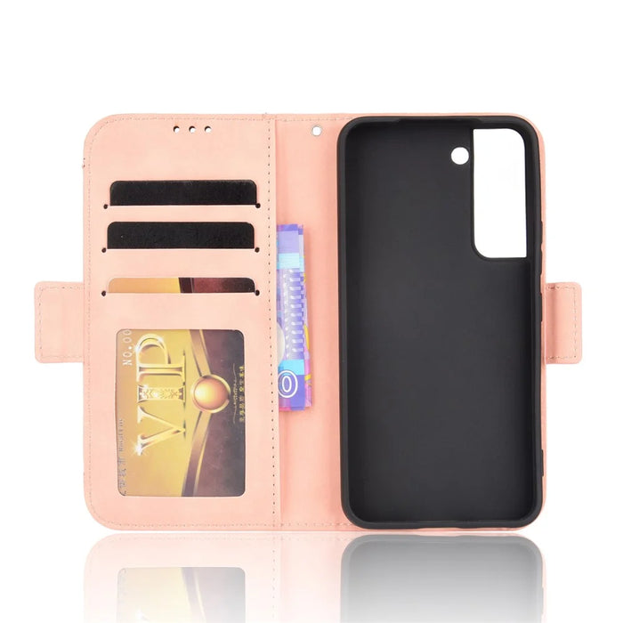 For Samsung Galaxy S22 5G Multi-card Slots PU Leather + TPU Double Magnetic Clasps Stand Phone Case Protector with Wallet - Pink - 6