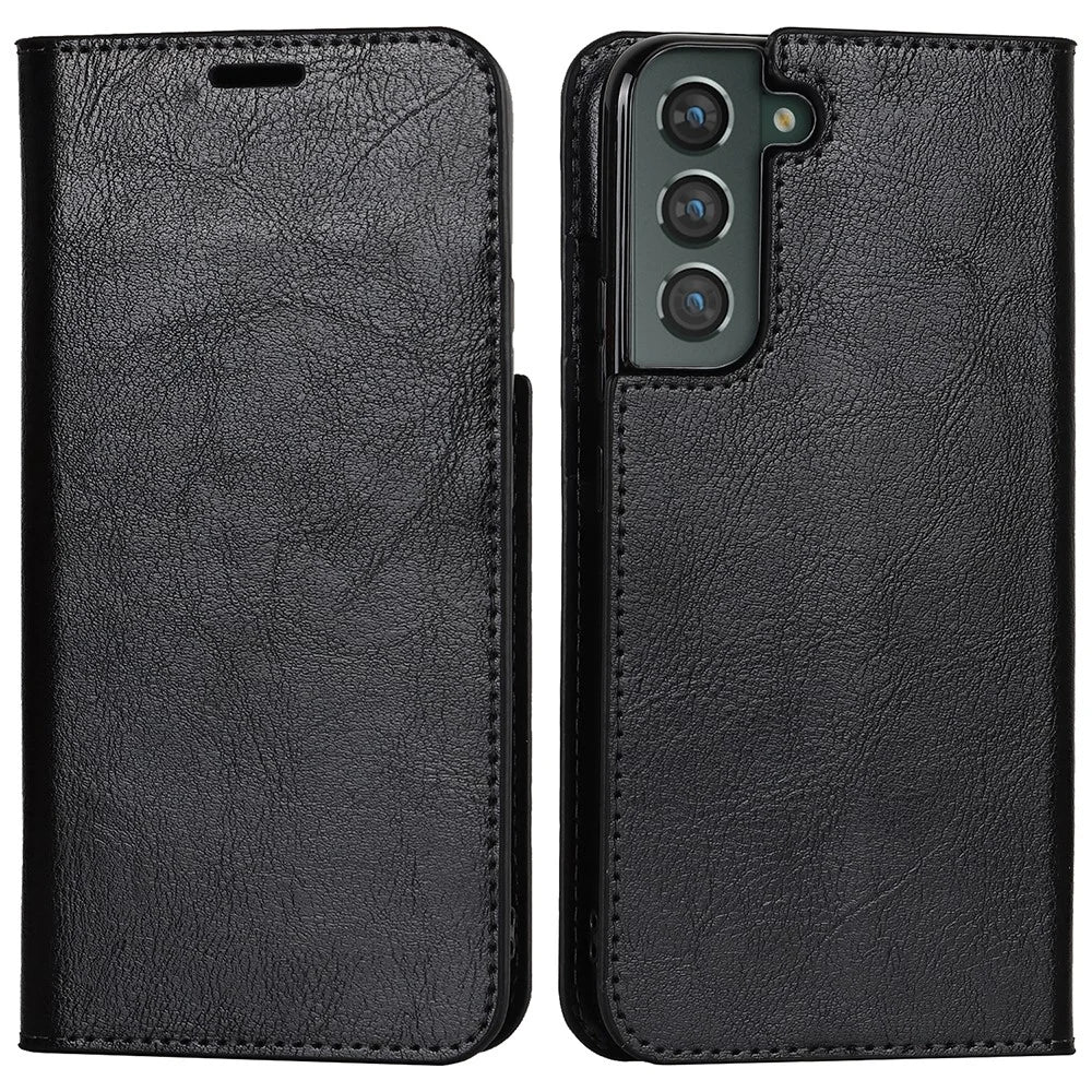 Crazy Horse Texture Genuine Leather Phone Cover for Samsung Galaxy S22+ 5G, Wallet Stand Protective Case - Black - 1