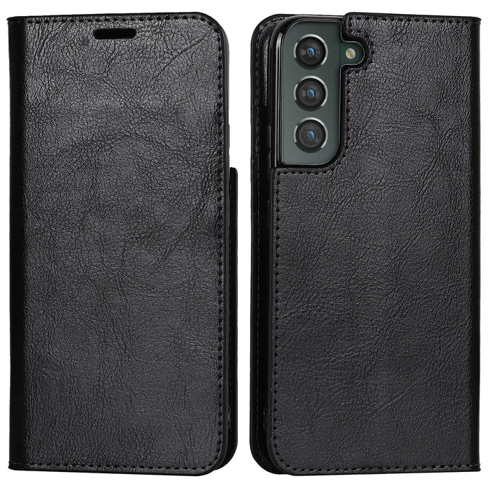 Crazy Horse Texture Genuine Leather Phone Cover for Samsung Galaxy S22+ 5G, Wallet Stand Protective Case - Black - 1