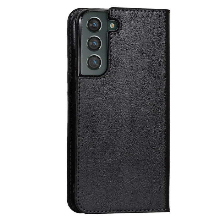 Crazy Horse Texture Genuine Leather Phone Cover for Samsung Galaxy S22+ 5G, Wallet Stand Protective Case - Black - 3