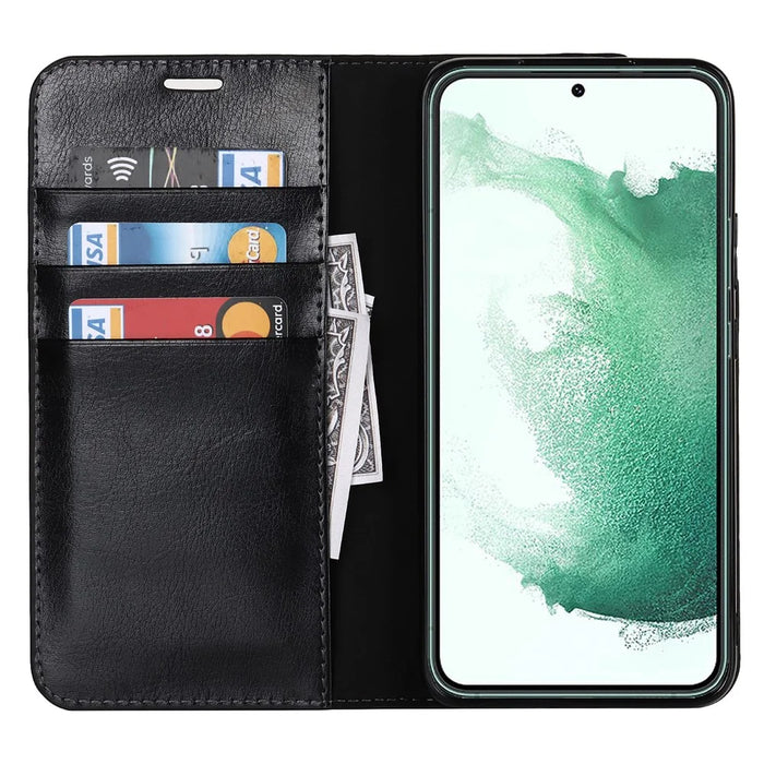 Crazy Horse Texture Genuine Leather Phone Cover for Samsung Galaxy S22+ 5G, Wallet Stand Protective Case - Black - 4