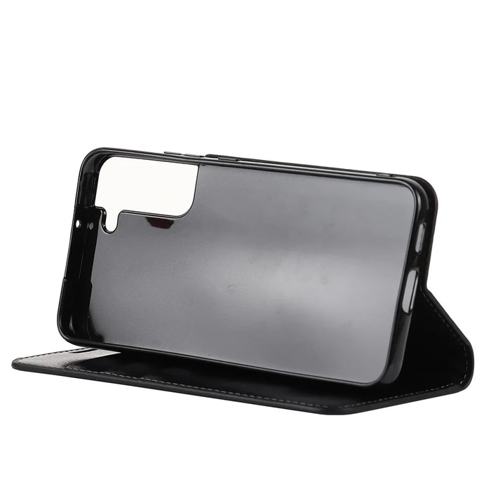 Crazy Horse Texture Genuine Leather Phone Cover for Samsung Galaxy S22+ 5G, Wallet Stand Protective Case - Black - 5