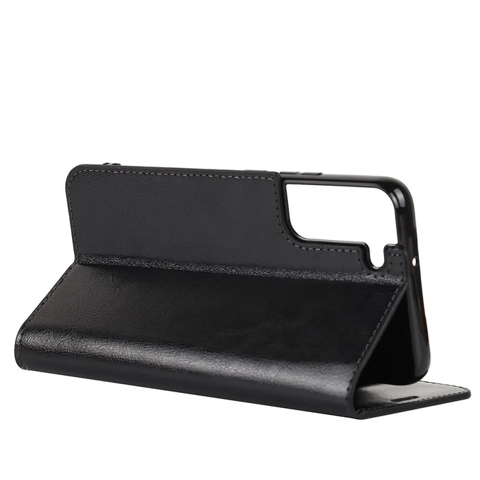Crazy Horse Texture Genuine Leather Phone Cover for Samsung Galaxy S22+ 5G, Wallet Stand Protective Case - Black - 6