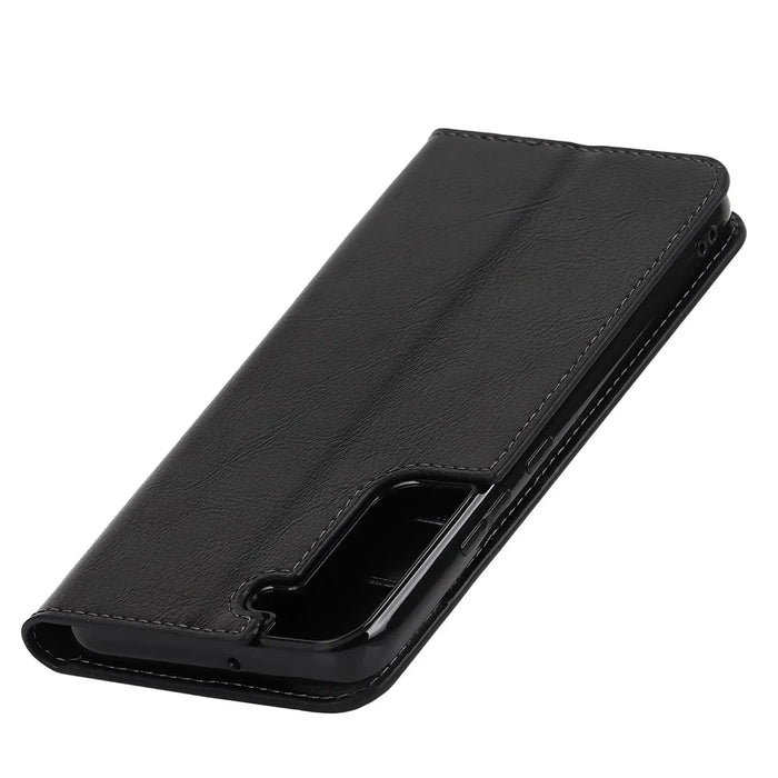 Crazy Horse Texture Genuine Leather Phone Cover for Samsung Galaxy S22+ 5G, Wallet Stand Protective Case - Black - 7