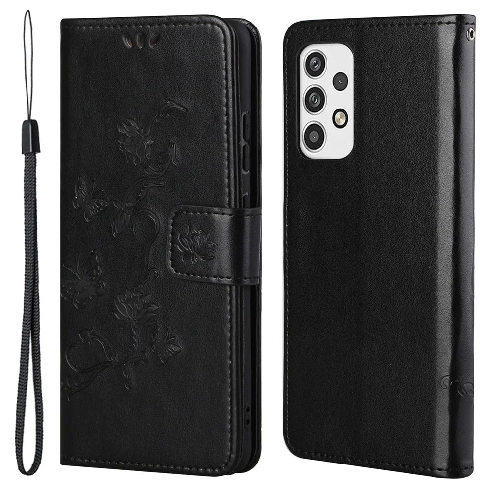 For Samsung Galaxy A23 5G (Global Version) Imprinting Butterfly Flower PU Leather Wallet Phone Case Stand Cover - Black - 1