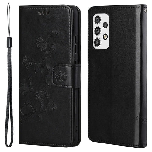 For Samsung Galaxy A23 5G (Global Version) Imprinting Butterfly Flower PU Leather Wallet Phone Case Stand Cover - Black - 1