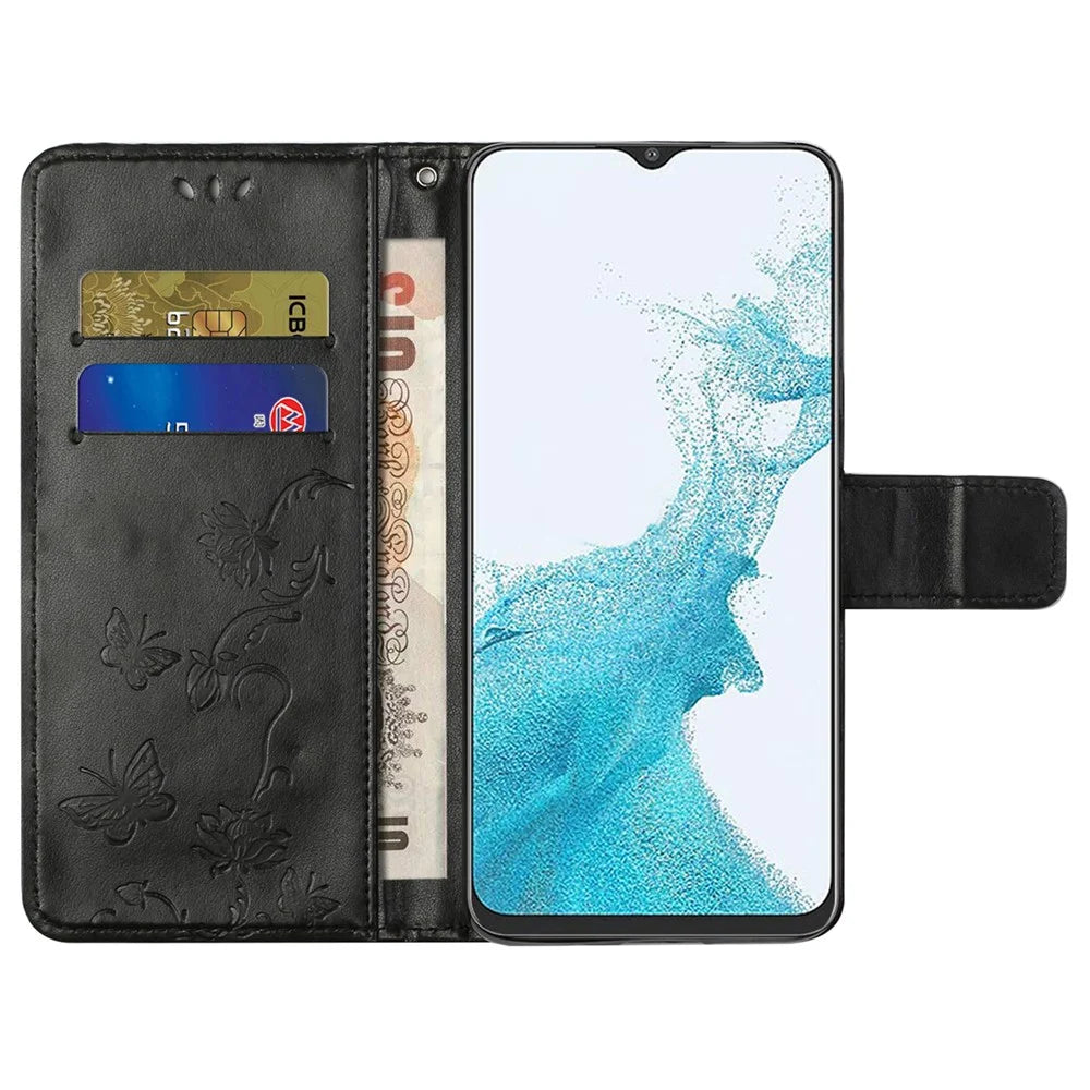 For Samsung Galaxy A23 5G (Global Version) Imprinting Butterfly Flower PU Leather Wallet Phone Case Stand Cover - Black - 5