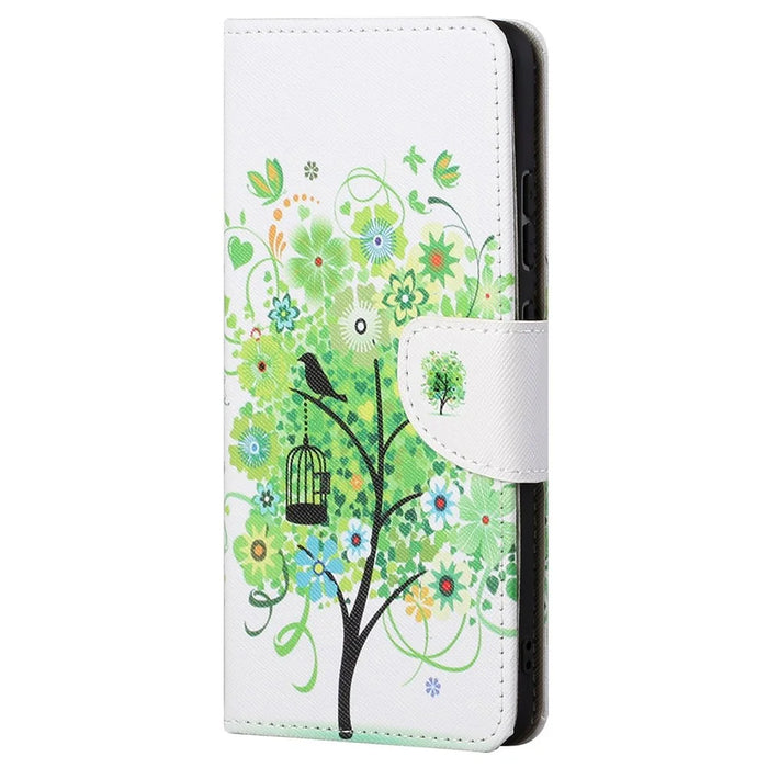 Pattern Printing Leather Phone Cover for Samsung Galaxy A23 5G (Global Version), Stand Wallet Cross Texture Protective Case - Green Tree - 2
