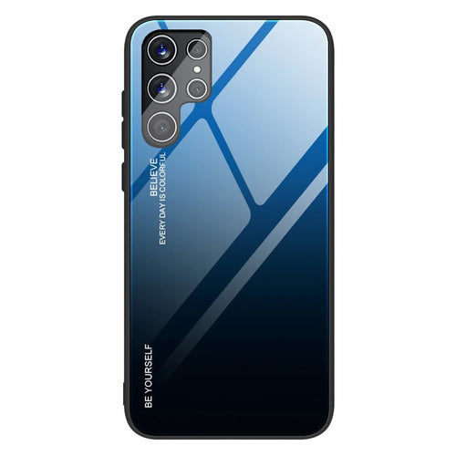 For Samsung Galaxy S22 Ultra 5G Gradient Color Tempered Glass Back + TPU Frame Mobile Phone Case - Blue/Black - 1
