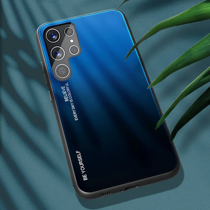 For Samsung Galaxy S22 Ultra 5G Gradient Color Tempered Glass Back + TPU Frame Mobile Phone Case - Blue/Black - 2