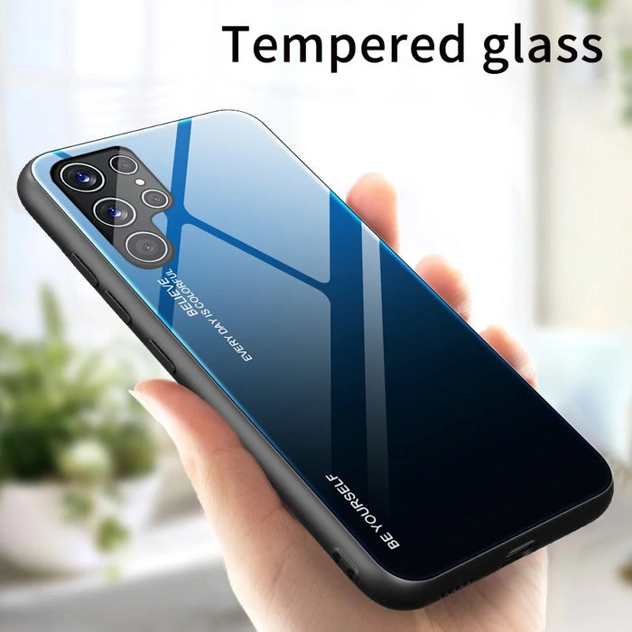 For Samsung Galaxy S22 Ultra 5G Gradient Color Tempered Glass Back + TPU Frame Mobile Phone Case - Blue/Black - 3