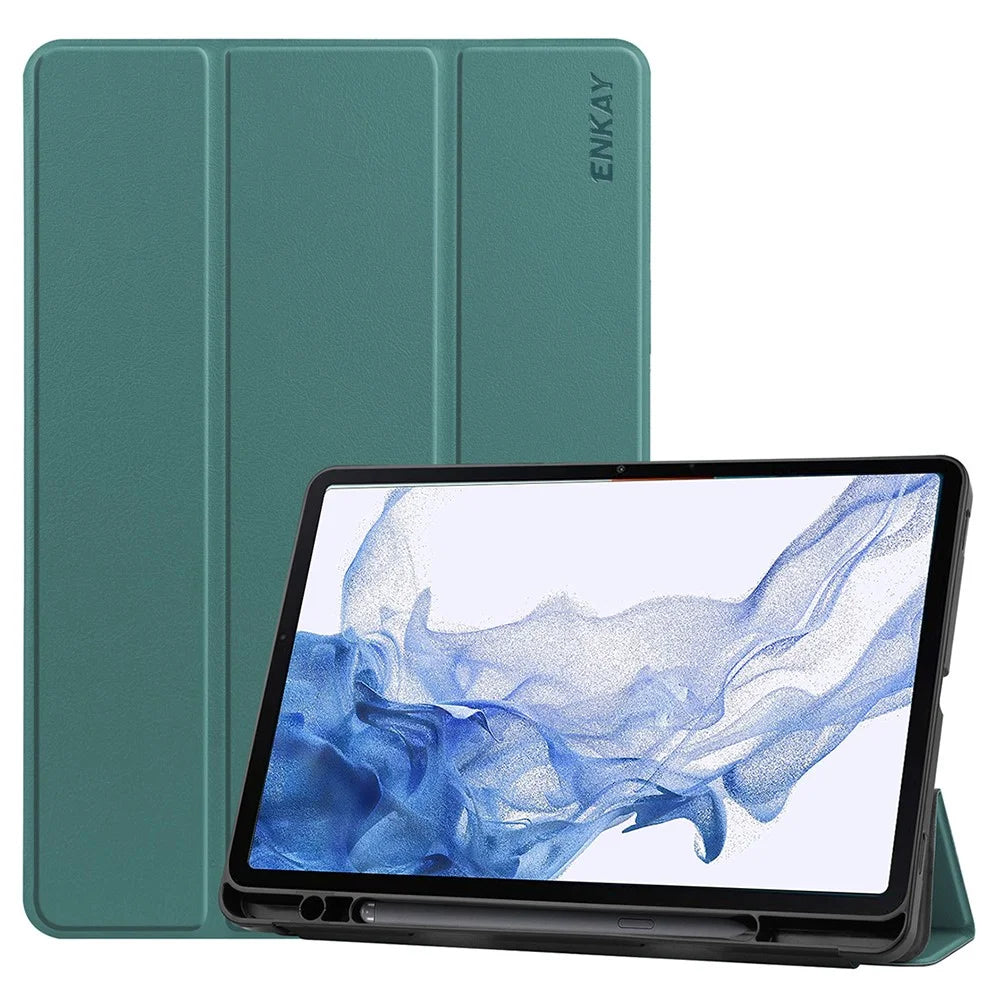 ENKAY HAT PRINCE for Samsung Galaxy Tab S8 11-inch Wi-Fi SM-X700/5G SM-X706 Pen Slot Design Auto Wake/Sleep Tri-fold Stand PU Leather + TPU Tablet Case Shell - Blackish Green - 1