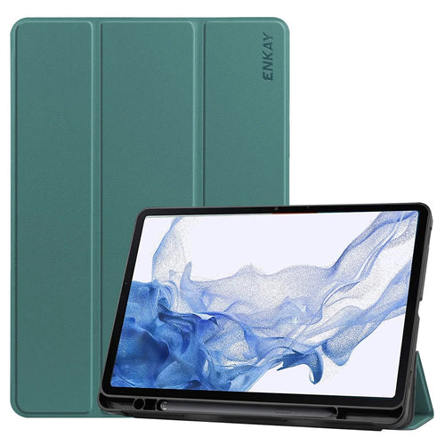 ENKAY HAT PRINCE for Samsung Galaxy Tab S8 11-inch Wi-Fi SM-X700/5G SM-X706 Pen Slot Design Auto Wake/Sleep Tri-fold Stand PU Leather + TPU Tablet Case Shell - Blackish Green - 1