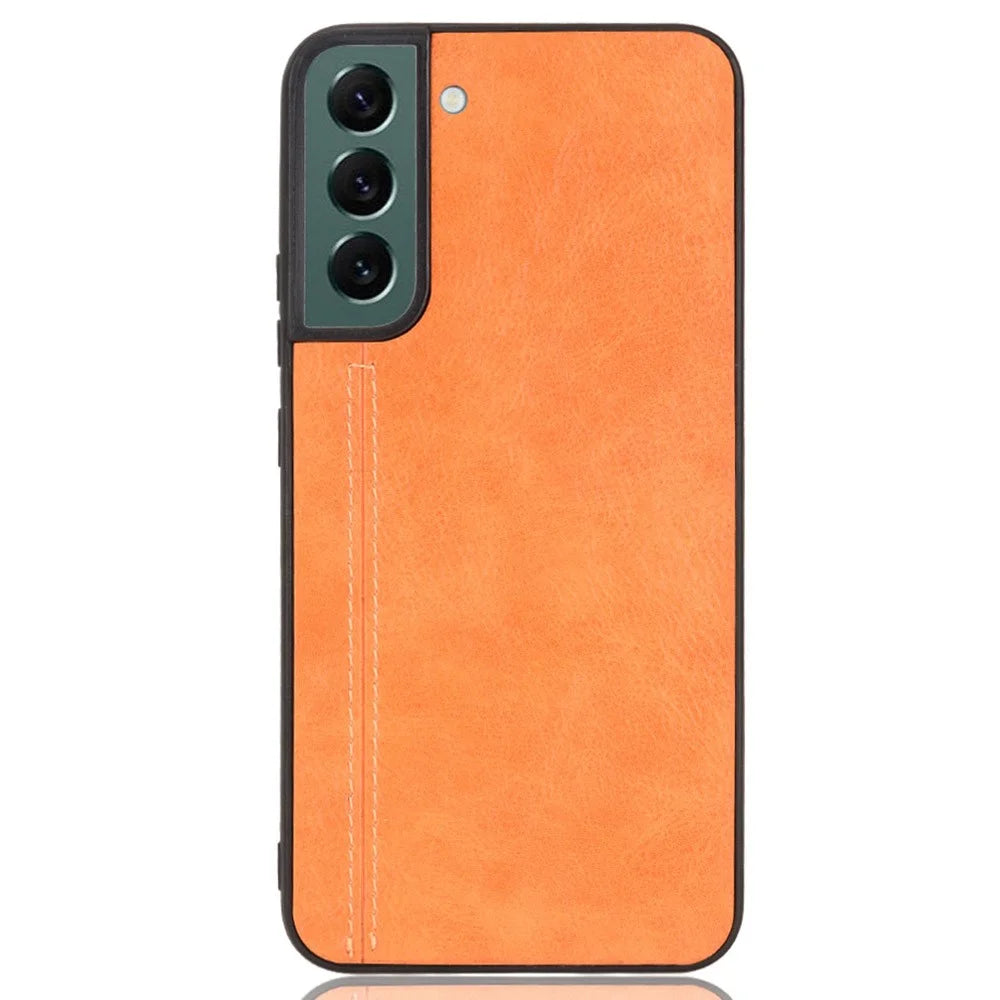 For Samsung Galaxy S22 5G Back Cover PU Leather Coated Hard PC + Soft TPU Business Stitching Case - Yellow - 1