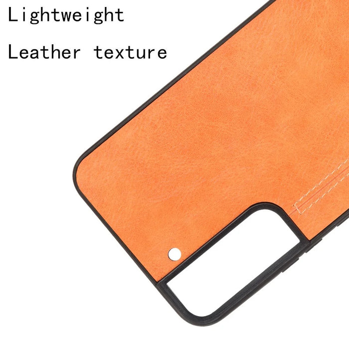 For Samsung Galaxy S22 5G Back Cover PU Leather Coated Hard PC + Soft TPU Business Stitching Case - Yellow - 4
