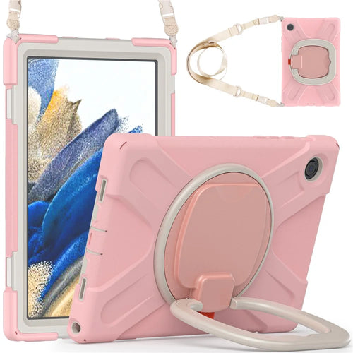 For Samsung Galaxy Tab A8 10.5 (2021) / A8 10.5 (2022) 360 Degree Rotary Kickstand Tablet Case PC + Silicone Hybrid Cover with Shoulder Strap - Cherry Blossom Pink - 1