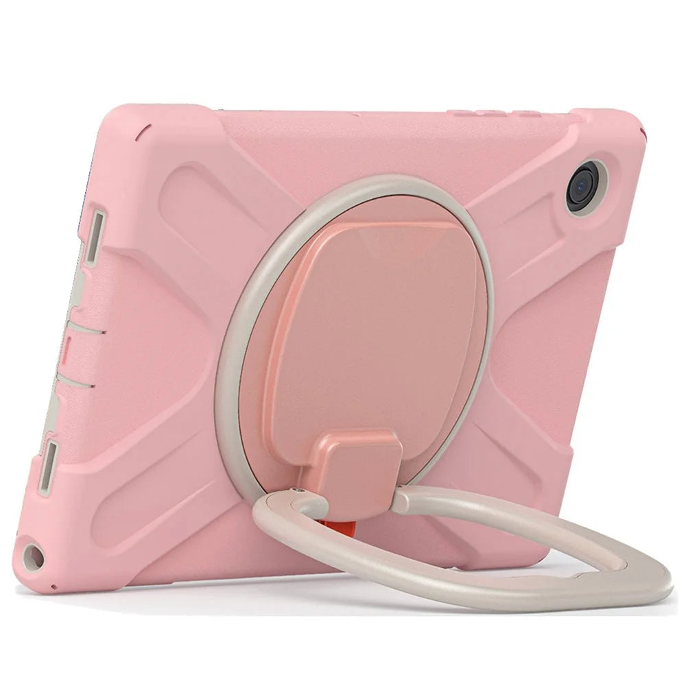 For Samsung Galaxy Tab A8 10.5 (2021) / A8 10.5 (2022) 360 Degree Rotary Kickstand Tablet Case PC + Silicone Hybrid Cover with Shoulder Strap - Cherry Blossom Pink - 2
