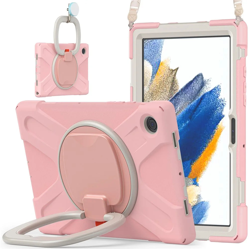 For Samsung Galaxy Tab A8 10.5 (2021) / A8 10.5 (2022) 360 Degree Rotary Kickstand Tablet Case PC + Silicone Hybrid Cover with Shoulder Strap - Cherry Blossom Pink - 3