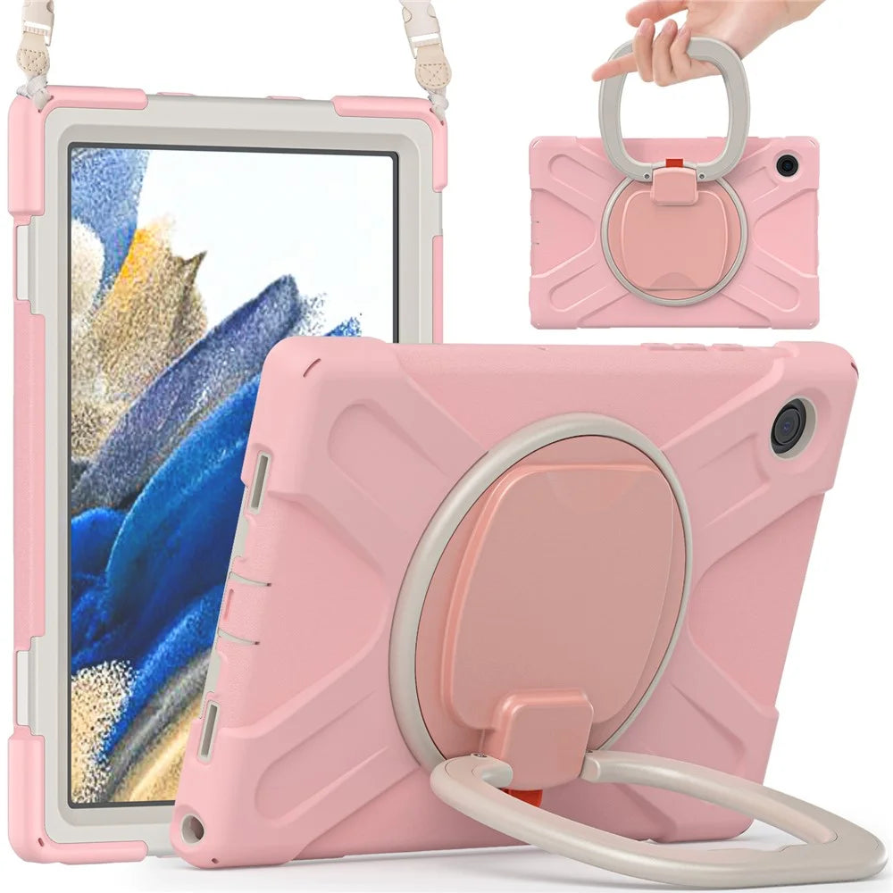 For Samsung Galaxy Tab A8 10.5 (2021) / A8 10.5 (2022) 360 Degree Rotary Kickstand Tablet Case PC + Silicone Hybrid Cover with Shoulder Strap - Cherry Blossom Pink - 4