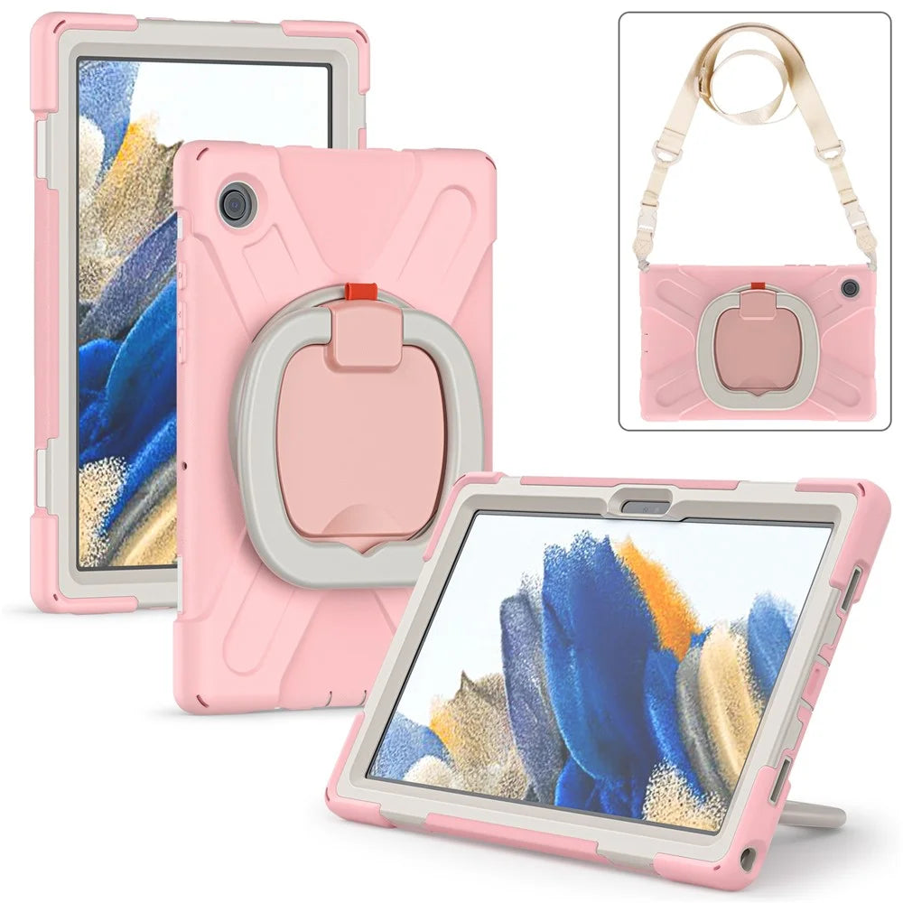 For Samsung Galaxy Tab A8 10.5 (2021) / A8 10.5 (2022) 360 Degree Rotary Kickstand Tablet Case PC + Silicone Hybrid Cover with Shoulder Strap - Cherry Blossom Pink - 5
