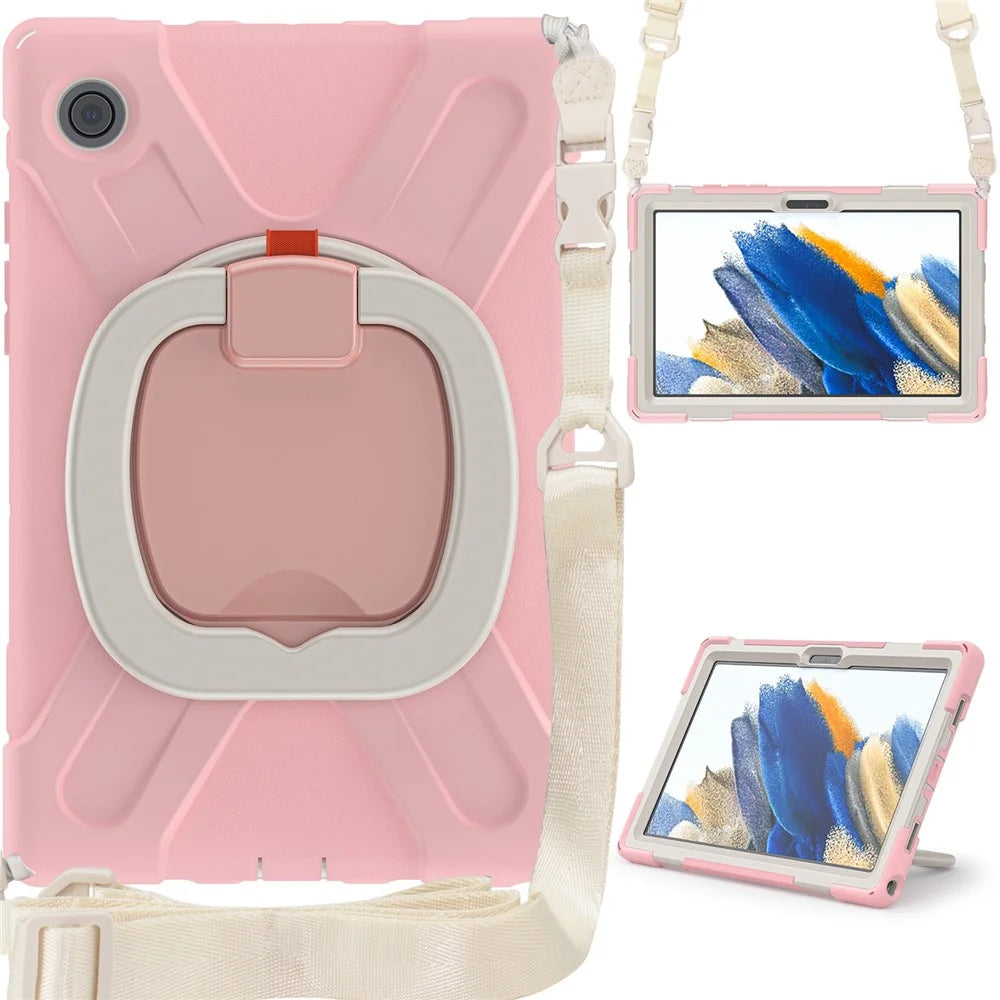 For Samsung Galaxy Tab A8 10.5 (2021) / A8 10.5 (2022) 360 Degree Rotary Kickstand Tablet Case PC + Silicone Hybrid Cover with Shoulder Strap - Cherry Blossom Pink - 6