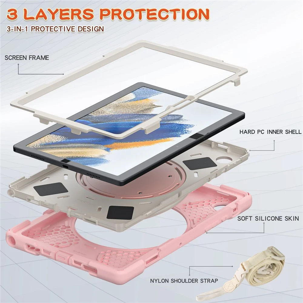 For Samsung Galaxy Tab A8 10.5 (2021) / A8 10.5 (2022) 360 Degree Rotary Kickstand Tablet Case PC + Silicone Hybrid Cover with Shoulder Strap - Cherry Blossom Pink - 7