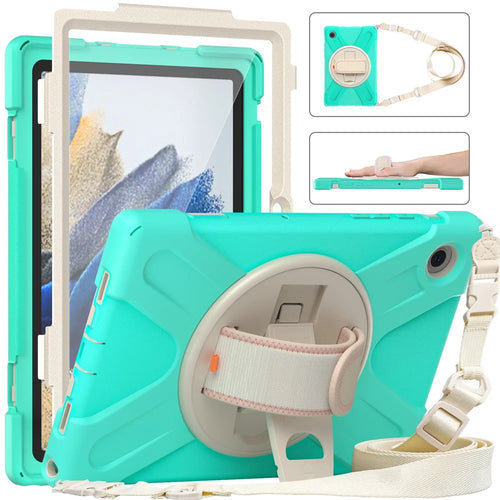 For Samsung Galaxy Tab A8 10.5 (2021) / A8 10.5 (2022) Rotary Kickstand PC + Silicone Tablet Case Hand Strap Protective Cover with Shoulder Strap - Mint Green - 1