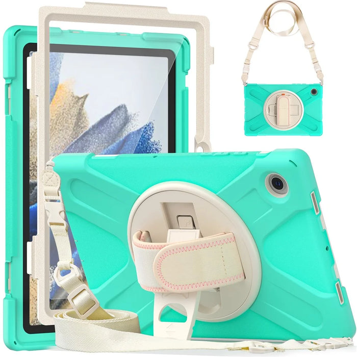 For Samsung Galaxy Tab A8 10.5 (2021) / A8 10.5 (2022) Rotary Kickstand PC + Silicone Tablet Case Hand Strap Protective Cover with Shoulder Strap - Mint Green - 2