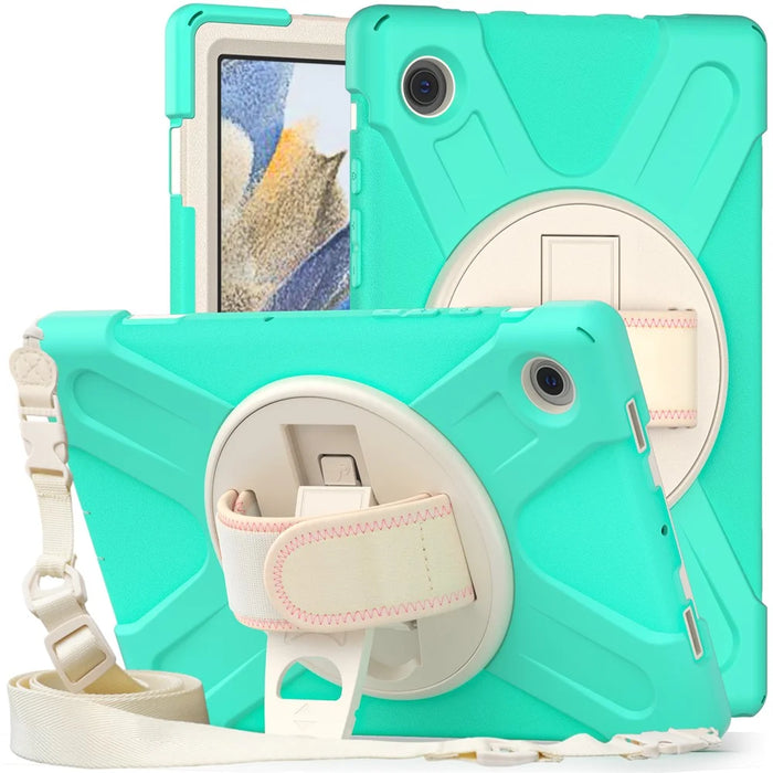 For Samsung Galaxy Tab A8 10.5 (2021) / A8 10.5 (2022) Rotary Kickstand PC + Silicone Tablet Case Hand Strap Protective Cover with Shoulder Strap - Mint Green - 4