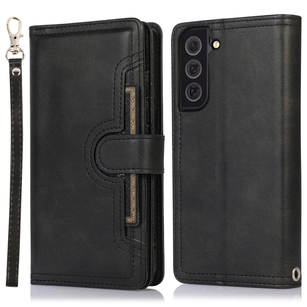 For Samsung Galaxy S22 5G Split Leather Stand Multiple Card Slots Case Wallet Phone Cover with Hand Strap - Black - 1