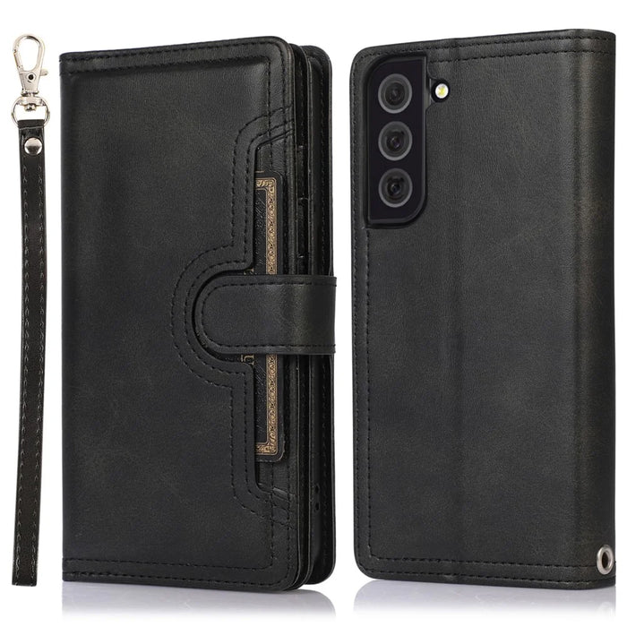 For Samsung Galaxy S22 5G Split Leather Stand Multiple Card Slots Case Wallet Phone Cover with Hand Strap - Black - 1