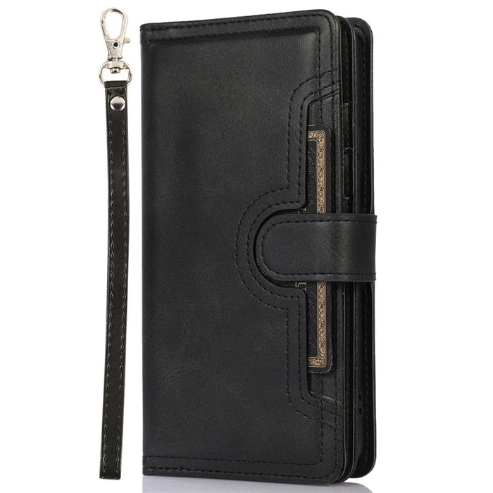 For Samsung Galaxy S22 5G Split Leather Stand Multiple Card Slots Case Wallet Phone Cover with Hand Strap - Black - 2