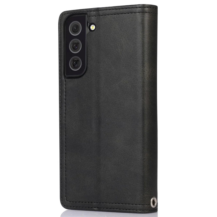For Samsung Galaxy S22 5G Split Leather Stand Multiple Card Slots Case Wallet Phone Cover with Hand Strap - Black - 3