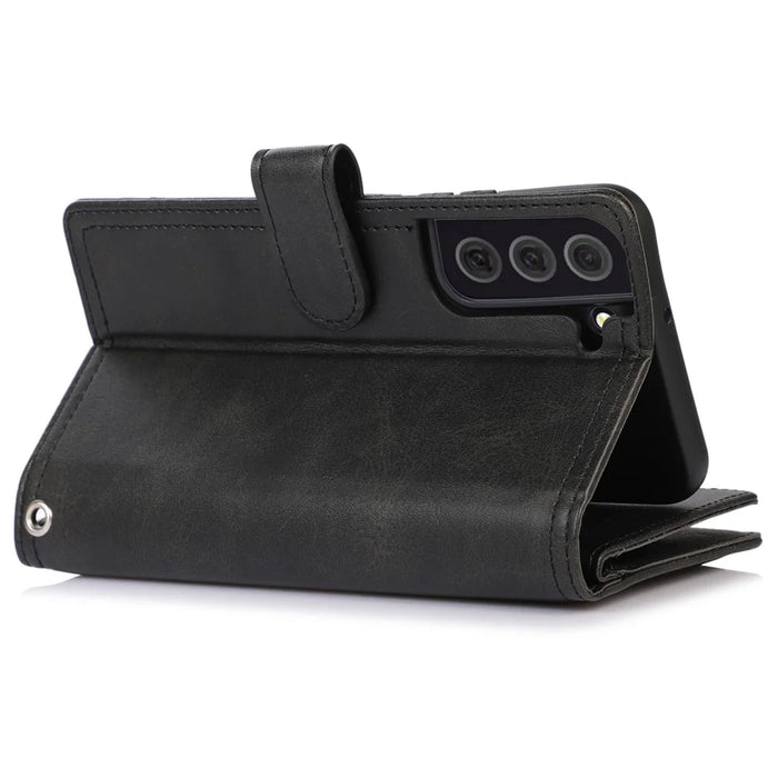 For Samsung Galaxy S22 5G Split Leather Stand Multiple Card Slots Case Wallet Phone Cover with Hand Strap - Black - 5