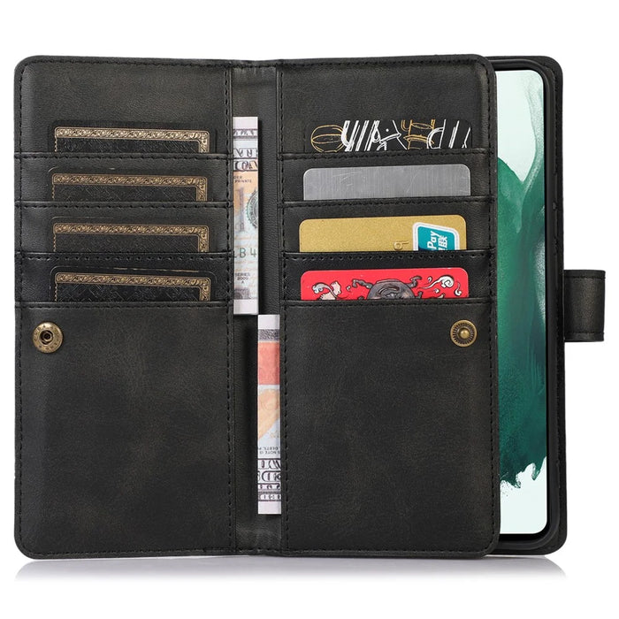 For Samsung Galaxy S22 5G Split Leather Stand Multiple Card Slots Case Wallet Phone Cover with Hand Strap - Black - 6