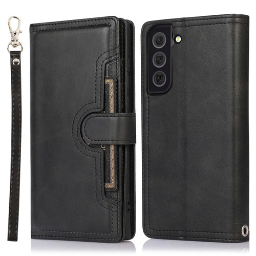 For Samsung Galaxy S22+ 5G Wrist Strap Magnetic Clasp Split Leather Phone Stand Case Protector with Multiple Card Slots - Black - 1