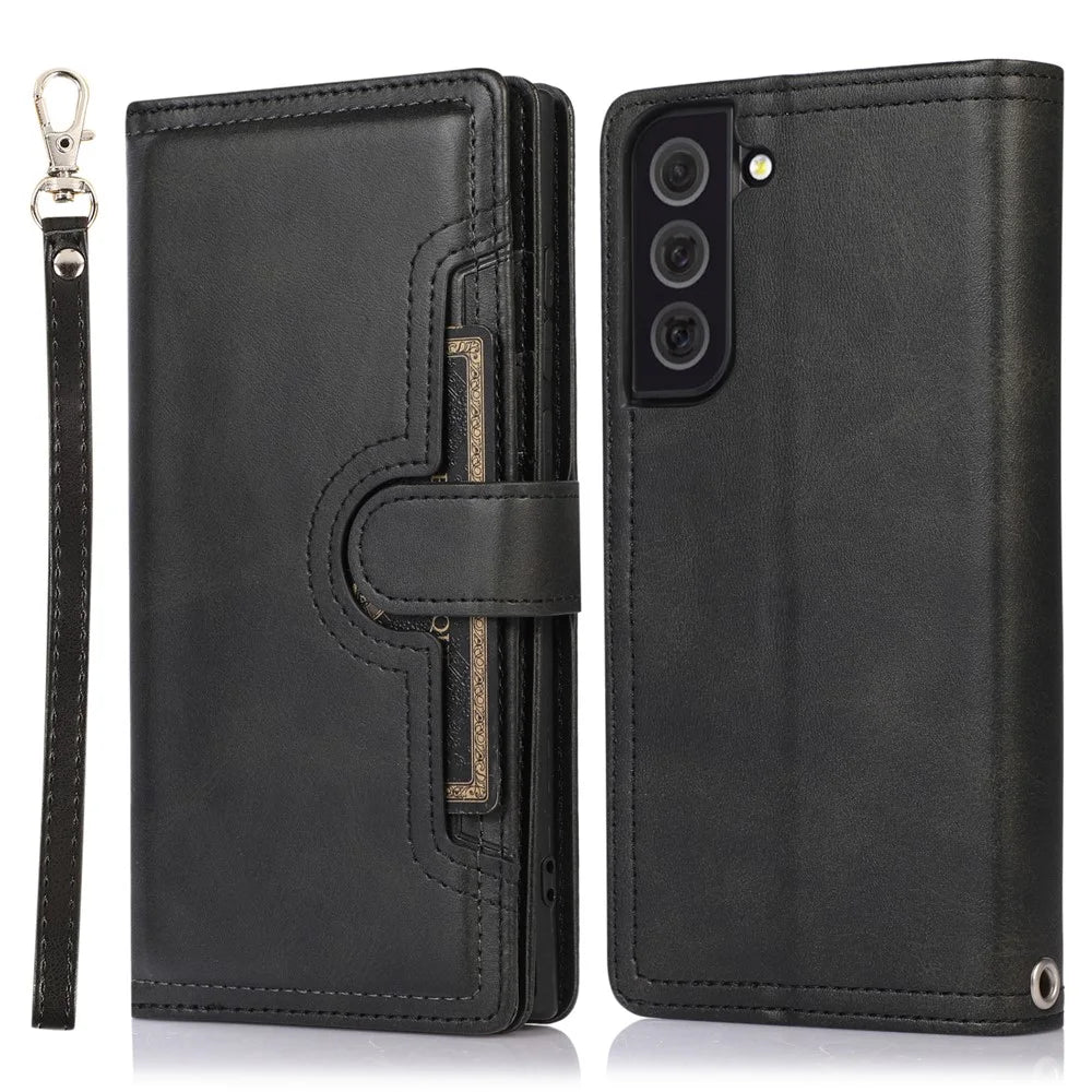 For Samsung Galaxy S22+ 5G Wrist Strap Magnetic Clasp Split Leather Phone Stand Case Protector with Multiple Card Slots - Black - 1
