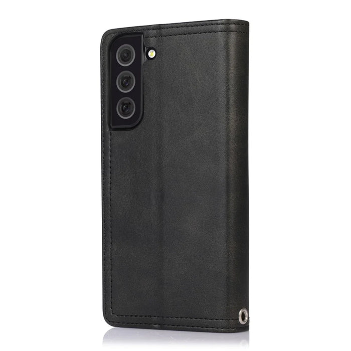 For Samsung Galaxy S22+ 5G Wrist Strap Magnetic Clasp Split Leather Phone Stand Case Protector with Multiple Card Slots - Black - 3