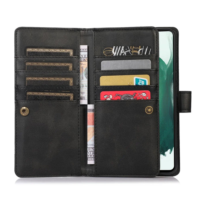 For Samsung Galaxy S22+ 5G Wrist Strap Magnetic Clasp Split Leather Phone Stand Case Protector with Multiple Card Slots - Black - 4