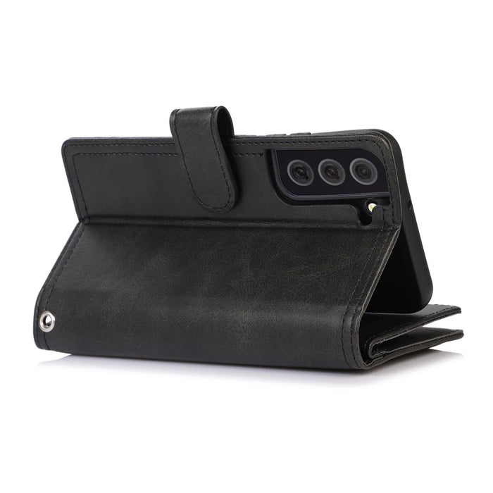For Samsung Galaxy S22+ 5G Wrist Strap Magnetic Clasp Split Leather Phone Stand Case Protector with Multiple Card Slots - Black - 6