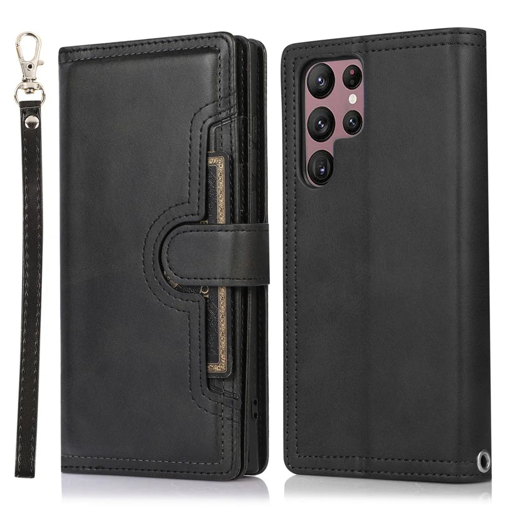 For Samsung Galaxy S22 Ultra 5G Wrist Strap Magnetic Clasp Anti-fall Protection Case Split Leather Stand Phone Cover with Multiple Card Slots - Black - 1