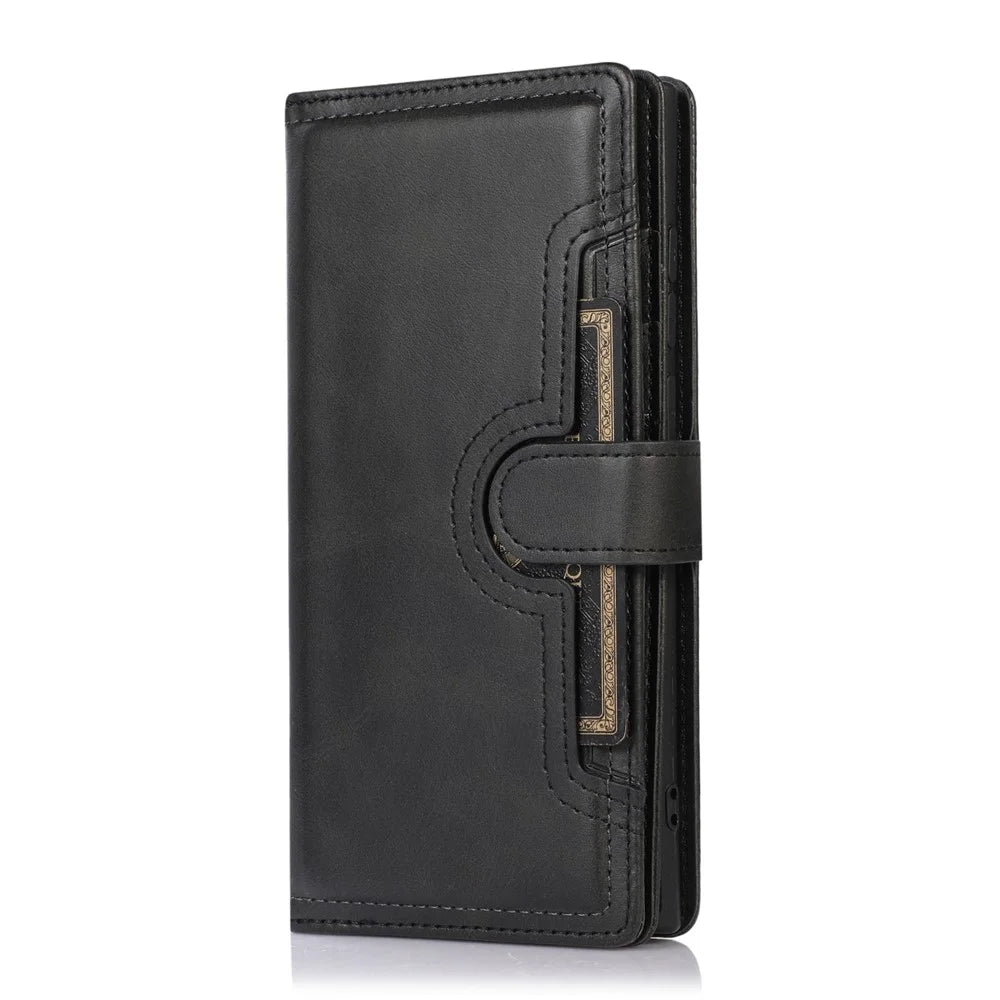 For Samsung Galaxy S22 Ultra 5G Wrist Strap Magnetic Clasp Anti-fall Protection Case Split Leather Stand Phone Cover with Multiple Card Slots - Black - 2