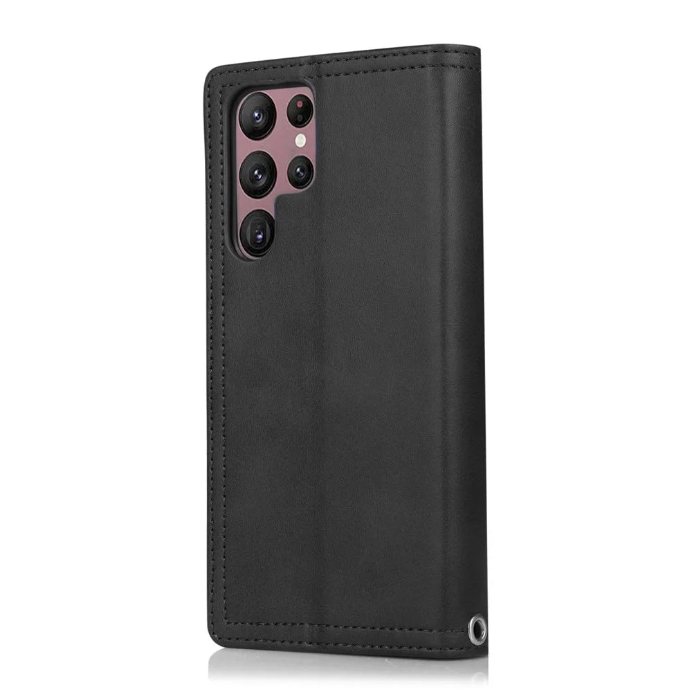 For Samsung Galaxy S22 Ultra 5G Wrist Strap Magnetic Clasp Anti-fall Protection Case Split Leather Stand Phone Cover with Multiple Card Slots - Black - 3