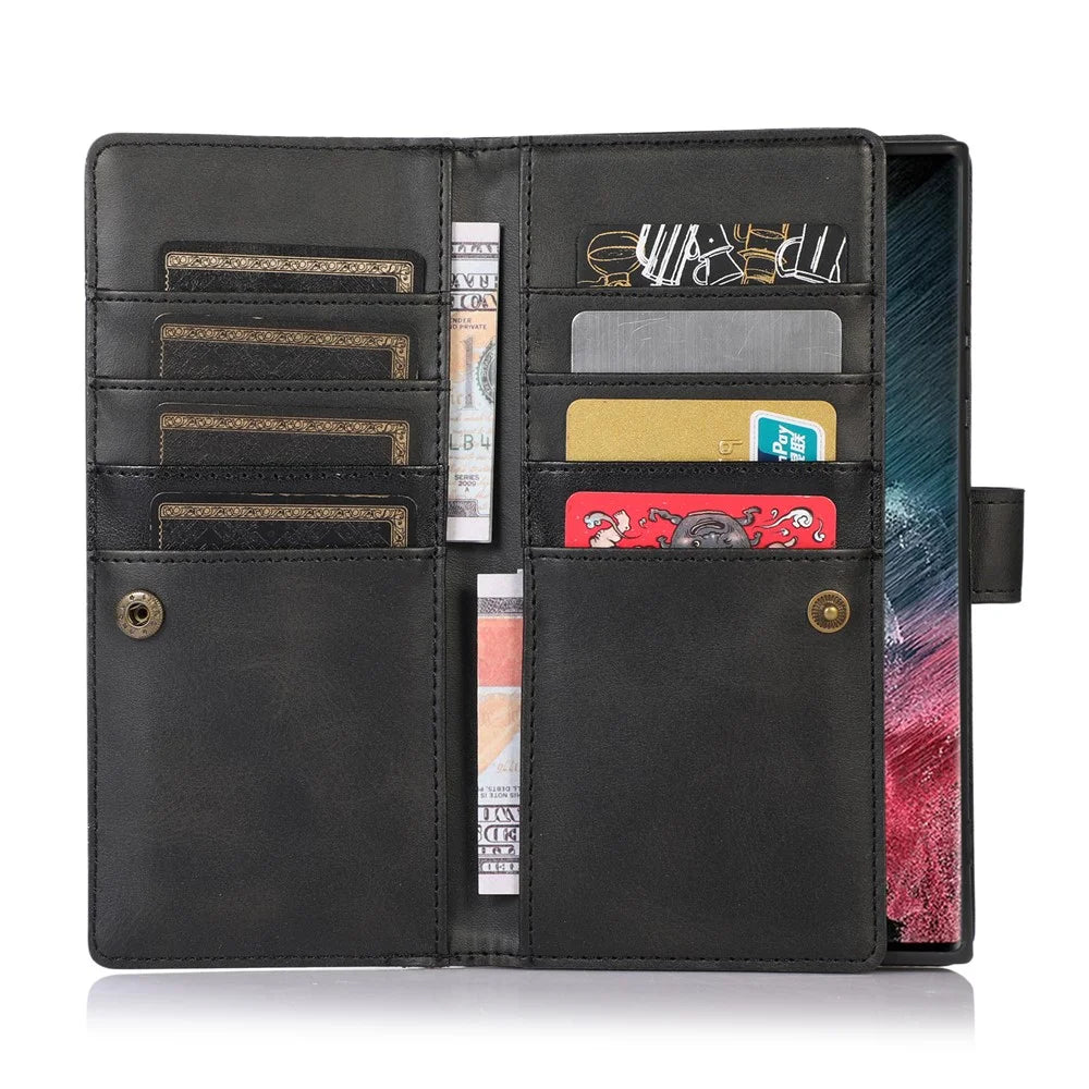 For Samsung Galaxy S22 Ultra 5G Wrist Strap Magnetic Clasp Anti-fall Protection Case Split Leather Stand Phone Cover with Multiple Card Slots - Black - 4